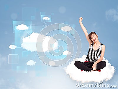 Happy girl looking at modern cloud network Stock Photo