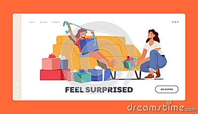 Happy Girl Opening Presents Landing Page Template. Mother Character Presenting Gifts Wrapped with Bows to Daughter Vector Illustration