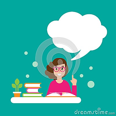 Happy girl with red glasses, books and speech bubble. creative teacher. giving advice . Vector Illustration