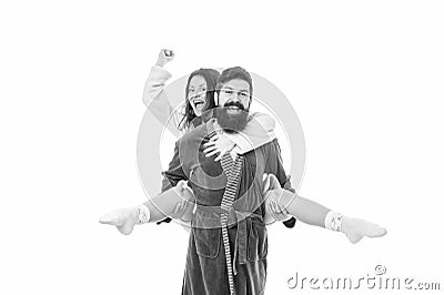 Happy girl ride piggyback on man screaming hurrah in morning isolated on white, enjoy Stock Photo