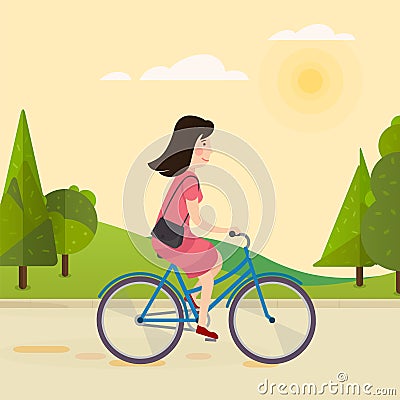 Happy girl riding a bicycle Vector Illustration