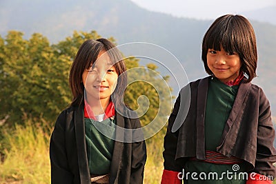 Happy Girl School Children Walking to School in Bhutan Editorial Stock Photo