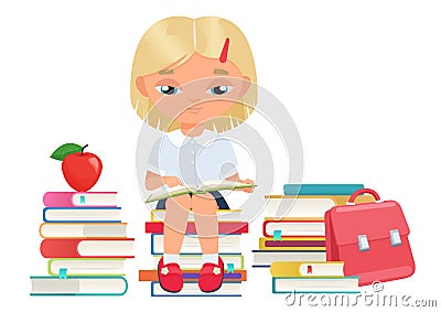 Happy girl student reading open book in library, education, learning of cute kid reader Vector Illustration