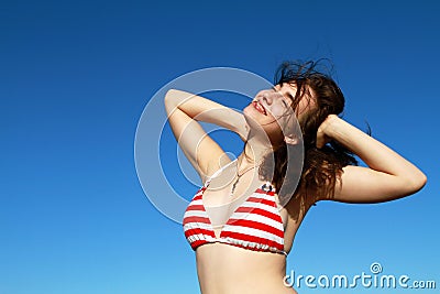Happy girl summer sky swimsuit Stock Photo