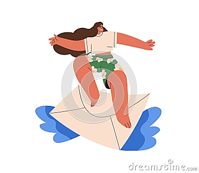 Happy girl surfing on envelope. Sending good positive news, letter. Email, mail correspondence concept. Person with Vector Illustration
