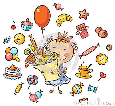 Happy Girl with Sweets Vector Illustration