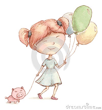 Happy girl walks with a piglet and balloons Stock Photo