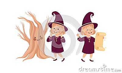 Happy Girl Witch in Purple Dress and Pointed Hat with Talking Tree and Scroll Vector Set Vector Illustration