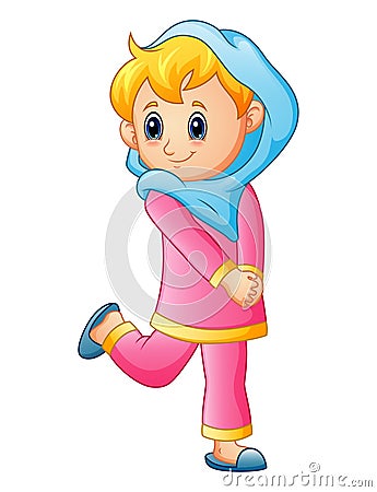 Happy girl women wearing blue veil and pink clothes isolated on white background Vector Illustration