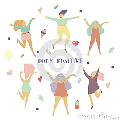 Happy girls and different objects set Woman figure in motion Body positive concept Vector Illustration