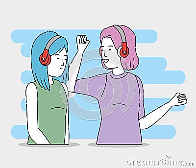 happy girls enjoying with headphones technology Cartoon Illustration