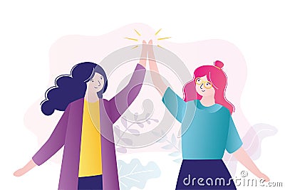 Happy girls give five to each other. Colleagues or students celebrate achievement of goal Vector Illustration