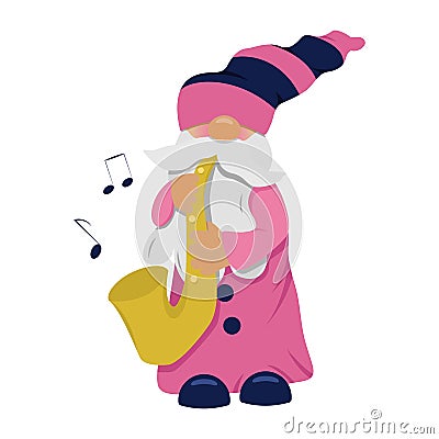 Happy gnome playing saxophone Stock Photo