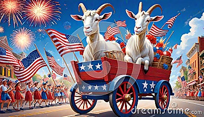 Happy goat wagon flag fireworks small town usa parade Cartoon Illustration