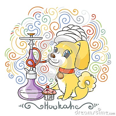 Happy golden cartoon puppy smoking hookah in turban. Cute little dog wearing collar. Vector Illustration