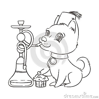 Happy golden cartoon puppy smoking hookah in turban. Cute little dog wearing collar. Vector Illustration