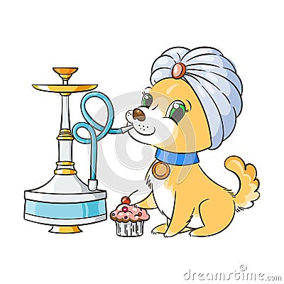 Happy golden cartoon puppy smoking hookah in turban. Cute little dog wearing collar. Vector Illustration