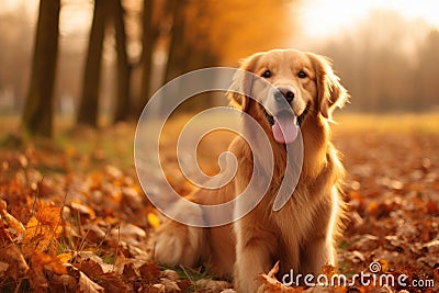 A happy golden retriever enjoys a restful moment in a picturesque field covered with colorful autumn leaves, Happy golden Stock Photo