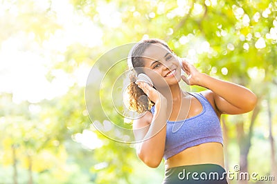 Happy good healthy and wellness concept. fitness, sport, workout people and lifestyle concept. African american sports woman Stock Photo