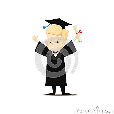 Happy graduate holds diploma in his hand holding his hands up Vector Illustration