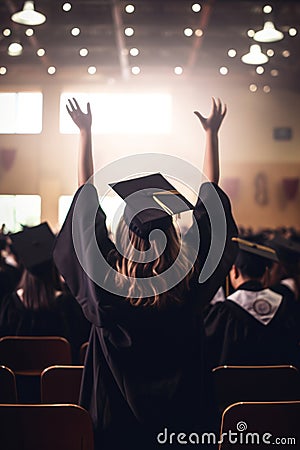 Happy graduate student cheering with raised hands AI generated Stock Photo