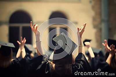 Happy graduate student cheering with raised hands AI generated Stock Photo