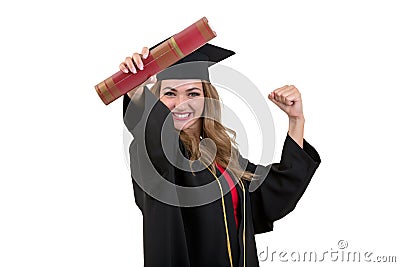 Happy graduate student holding a diploma isolated on white background. Stock Photo