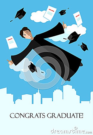 Happy graduate student in the sky above the city. Flying graduate student in academic clothing. Education, university Vector Illustration