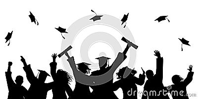 Happy graduate students with graduating caps and diploma or certificates, silhouette of group of people. Graduation event. Vector Vector Illustration