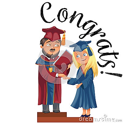 Happy graduates on celebration ceremony flat poster. Vector Illustration