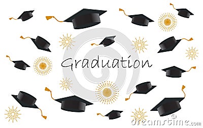 Happy graduating students or pupil hands in throwing graduation caps in the ai Vector Illustration