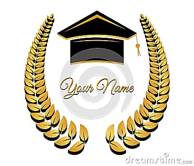 happy graduation design with circular leaf model and graduation cap in gold and black colors Vector Illustration