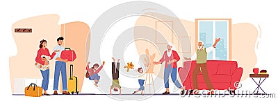 Happy Grandchildren Visit Grandparents Concept. Father, Mother and Kids Rejoice for Coming to Grandmother or Grandfather Vector Illustration