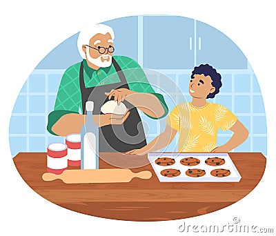 Grandfather cooking with grandson in kitchen, vector illustration. Grandparent grandchild relationships. Vector Illustration