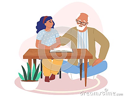 Happy grandfather and granddaughter reading book together flat vector illustration. Grandparent grandchild relationships Vector Illustration