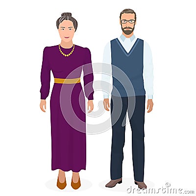 Happy grandfather and grandmother standing together. Good looking adult old man and woman people in family. Vector Vector Illustration