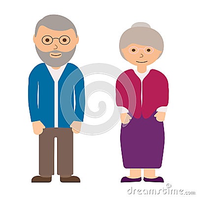 Happy grandfather and grandmother on white background. Old people in family. Grandparents in glasses. Aged grey haired Vector Illustration