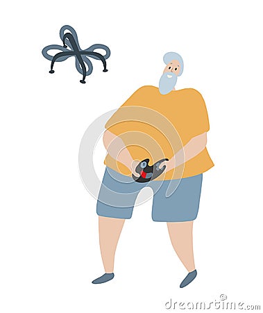 Happy grandfather with wireless drone gadget. Hobby activity for elder people. Vector Illustration