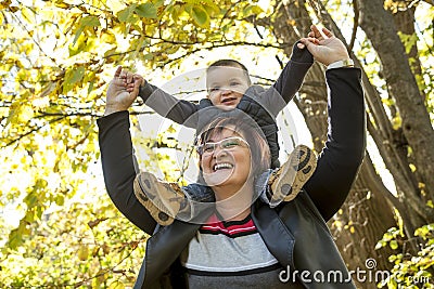 Happy grandma with grandson outdoor Stock Photo