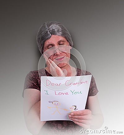 Happy Grandma Read Crayon Love Letter From Child Stock Photo