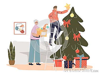 Happy grandmother decorating christmas tree together with grandson hanging star to pine top Vector Illustration