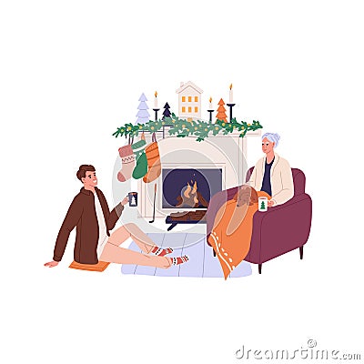Happy grandmother and man at fireplace at Christmas. Adult son and senior elderly mother, granny by Xmas fireside at Vector Illustration