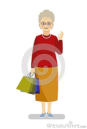 Happy grandmother in a red sweater holds purchases in hand and shows gesture well. Vector Illustration