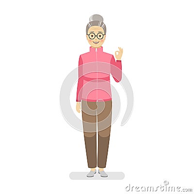 Happy grandmother in a sports pink sweater and brown pants shows a gesture perfectly. Hand gesture fine. Vector Illustration