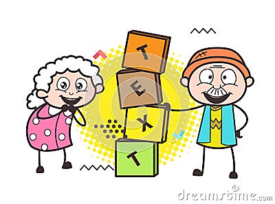 Happy Grandpa and Grandma with Blocks Banner Stock Photo