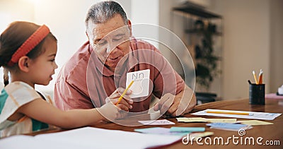 Happy grandpa, little girl and learning to read and write for literature, education or bonding together at home Stock Photo