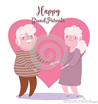 Happy grandparents day, cute elderly couple holds hands heart romantic cartoon card Vector Illustration