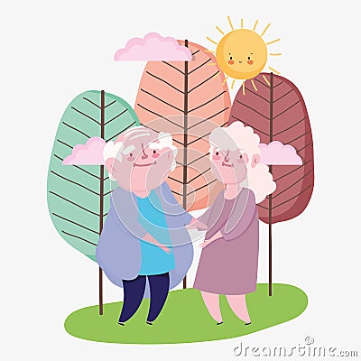 Happy grandparents day, elderly couple cartoon, grandfather grandmother holds hands characters Vector Illustration