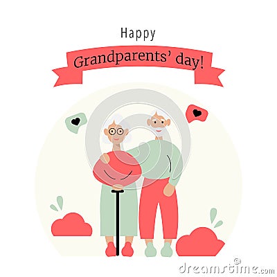Happy Grandparents Day Greeting Card. Elderly couple embracing with love. Vector Illustration for card, postcard, poster, banner Stock Photo