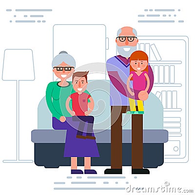 Happy grandparents with grandchildren portrait. Smiling grandma Vector Illustration